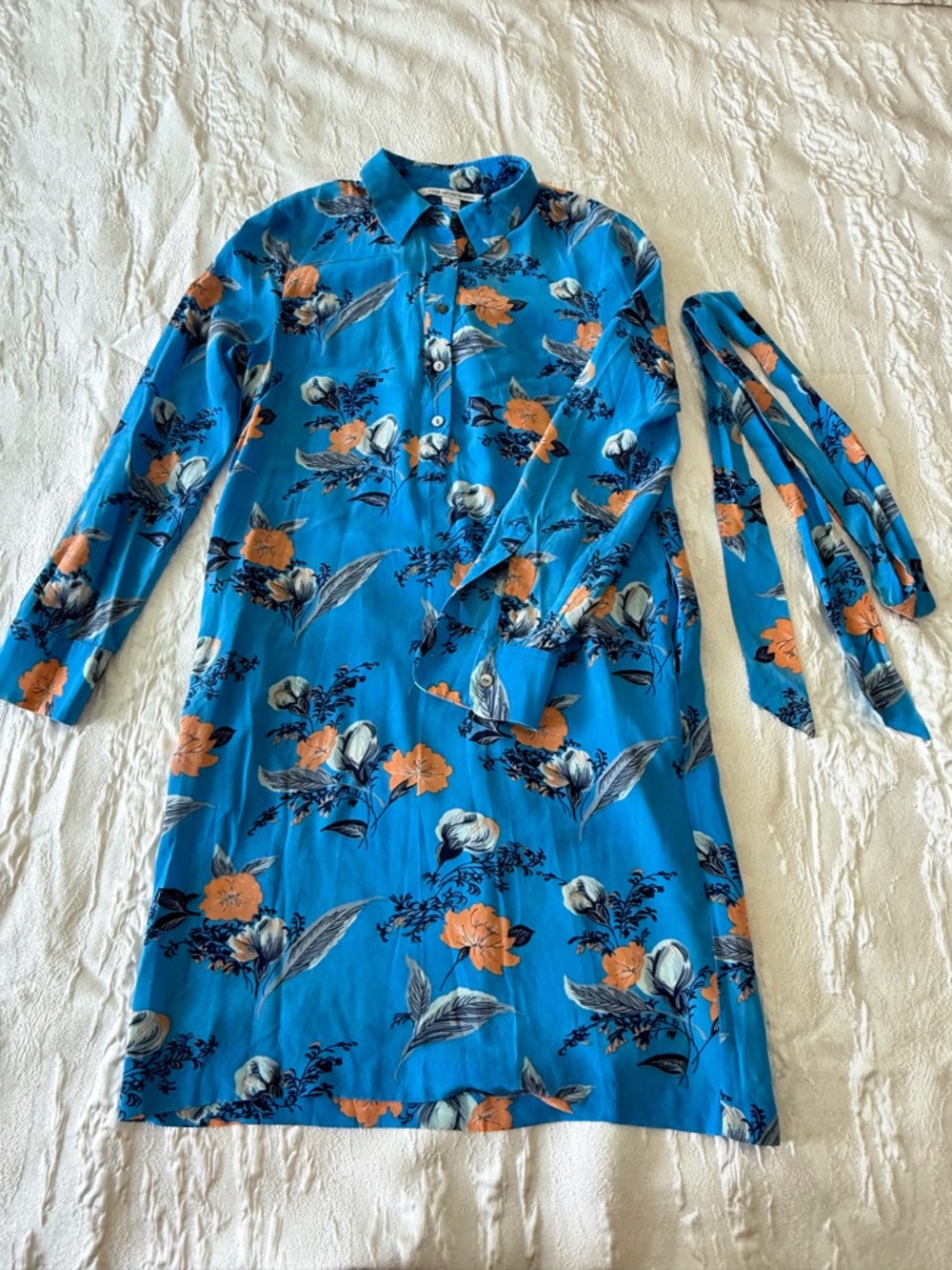 Blue Floral Button-Up Shirtdress with Tie Belt